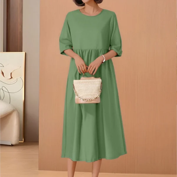 Women's Summer Solid Color Round Neck Half Sleeve  Casual Long Solid Color Dress - Image 4