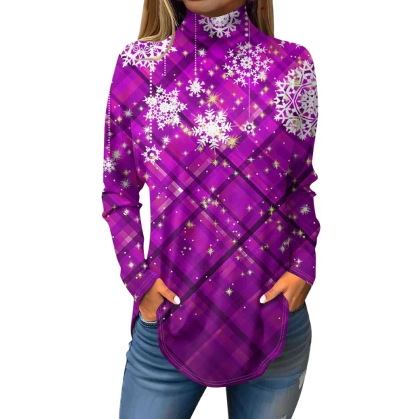 Women's Casual Christmas High Neck Pullover Long Sleeve Printed Fashion T-Shirt - Image 6