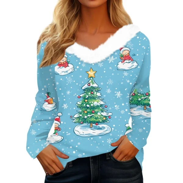 Women's Christmas Shirt Fleece Collar T Shirt Party V Neck Long Sleeve Top - Image 4