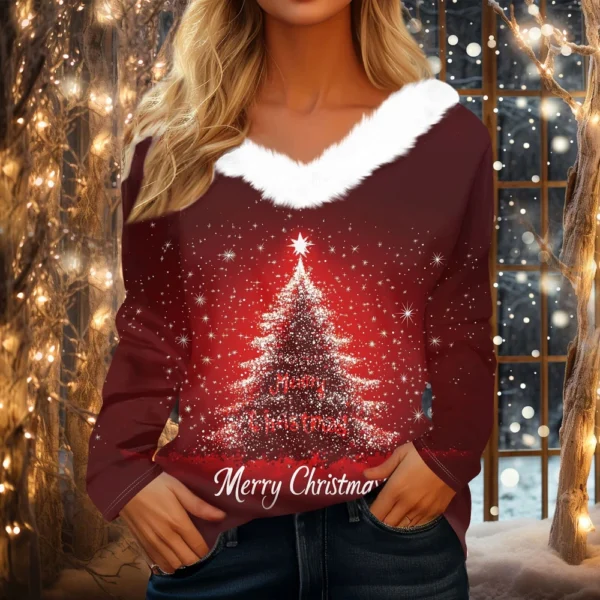 Women's Christmas Shirt Long Sleeve Top Fleece Collar Party V Neck T Shirt - Image 19