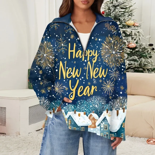Women's Casual Half Zipper Lapel Christmas Printed Pullover Top Side Slit - Image 22