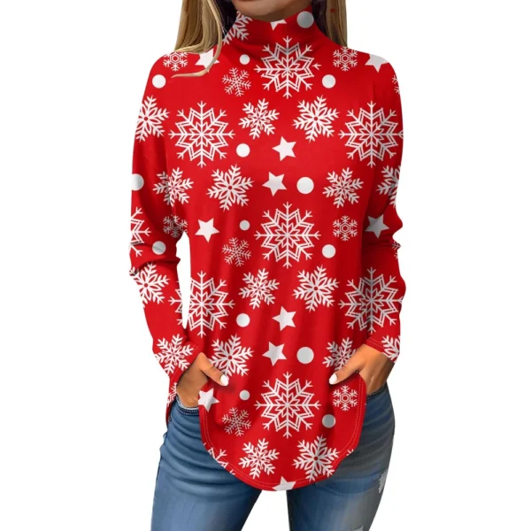 Women's Printed Pullover High Neck Fashion Long Sleeve Casual Christmas T-Shirt - Image 2