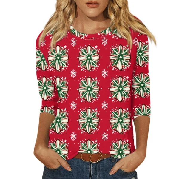 Ladies Loose Printed Casual T-Shirt Round Neck 3/4 Sleeve Christmas Women's Top - Image 12