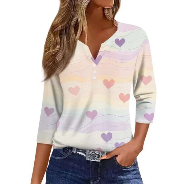 Women's T Shirt Tee Valentine's Day Print Button 3/4 Sleeve Daily Weekend - Image 8