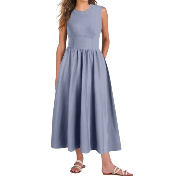 Women's Casual Fashion Round Neck Sleeveless Solid Irregular Hem Midi Dress - Image 7