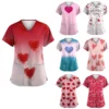 Women's Valentine's Day Printed  Uniform Work Uniform V-Neck Pocket Protective