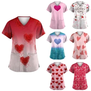 Women's Valentine's Day Printed  Uniform Work Uniform V-Neck Pocket Protective