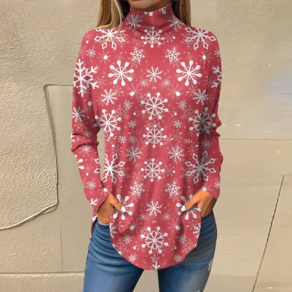 Women's Casual Printed High Neck Fashion Long Sleeve Pullover Christmas T-Shirt - Image 28