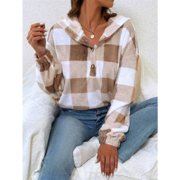 Button Hooded Plush Loose Casual Sweater Women's Clothing - Image 7