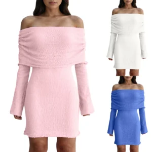 Women's Dresses Sexy Short Knit Hollow One Neck Long Sleeve Dresses