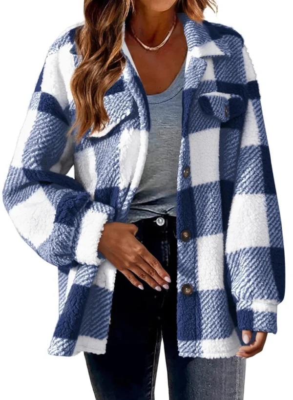 Pocket Plaid Jacket Button Plush Jacket - Image 7