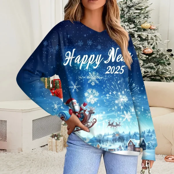 Women's Casual Fashion Comfortable Raglan Sleeve V-Neck Christmas Print - Image 22