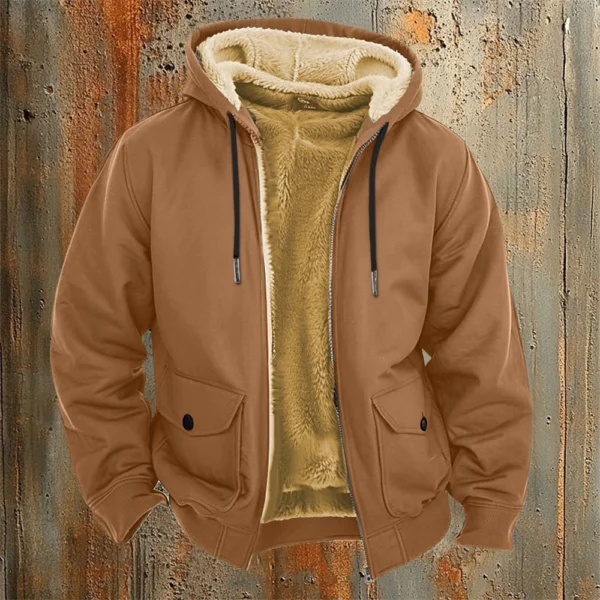 Men's Casual Zippered Pocket Hooded Jacket Men's Solid Color Fashion Warm Jacket - Image 25