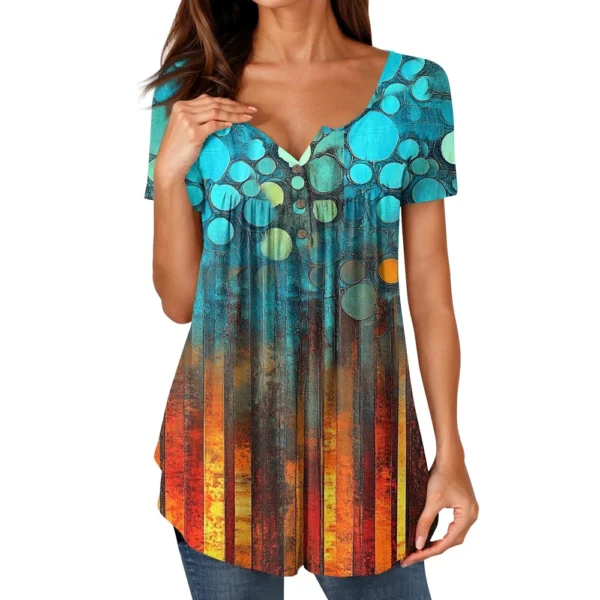 Women Tunic Tops Dressy Casual Summer Short Sleeve Shirts Loose Fit Pleated - Image 20