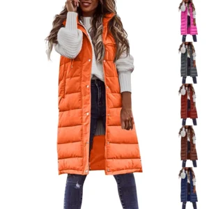 Women's Fashion Solid Color Hooded Single-Breasted Mid-Length Cotton Vest Slim