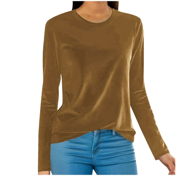 Women's Fashion Golden Velvet Solid Colour Round Neck Long Sleeve T-Shirt Top - Image 25