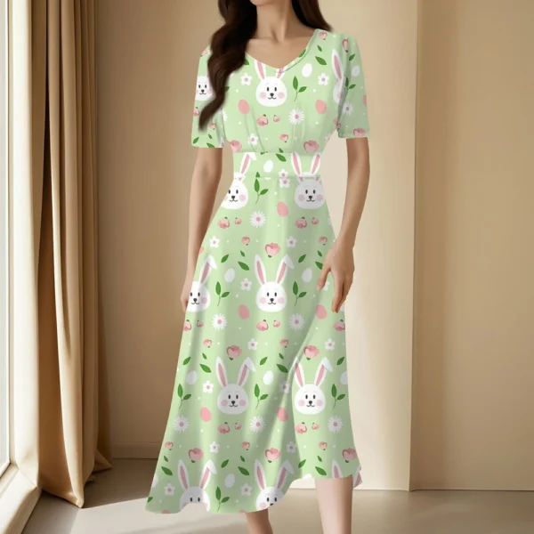 Ladies Casual Fashion Gradient Print V-Neck Short Sleeve Waist Long Swing Dress - Image 22