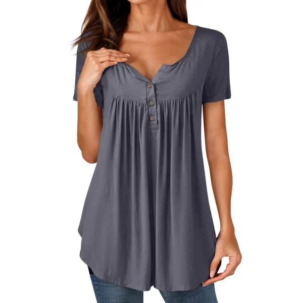 Women Tunic Tops Dressy Casual Summer Short Sleeve Shirts Loose Fit Pleated - Image 38