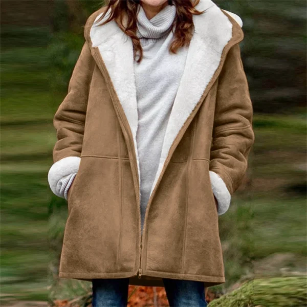 Women's  Fashionable Solid Color Warm Coat Long Sleeved Zipper Loose Hooded - Image 19