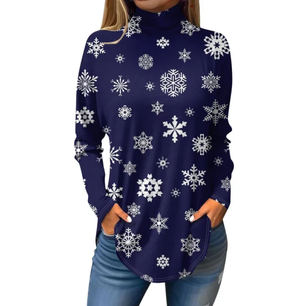 Women's Printed Pullover High Neck Fashion Long Sleeve Casual Christmas T-Shirt - Image 17