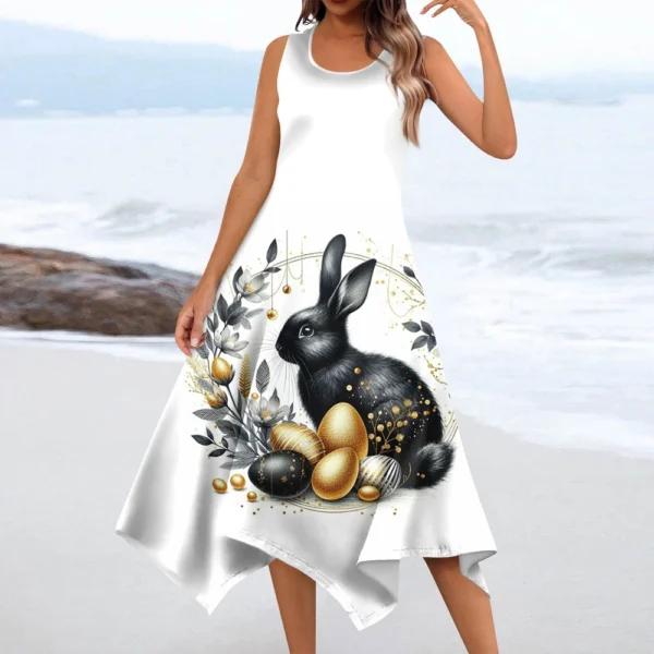 Women's Casual Fashion Round Neck Sleeveless Print Irregular Hem Midi Dress - Image 12