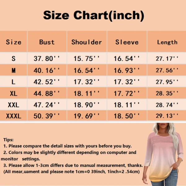 Women's Fashion Round Neck Pleated Front Placket Print 3/4 Sleeve Top - Image 27