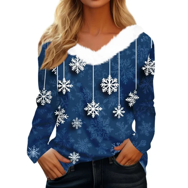 Women's Christmas Long Sleeve Shirt Top V Neck Party Fleece Collar T Shirt - Image 6