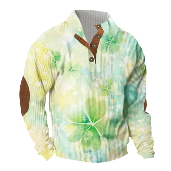 Knit Printed 3 Button - Corduroy Men's Standing Collar Pocket Sweatshirt - Image 4