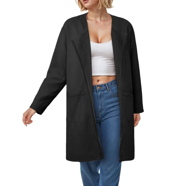 Ladies Solid Color Lapel Cardigan Tweed Cotton Coat Long Sleeve Jacket With - Image 17