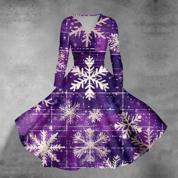 Women's Casual V-Neck Slim Fashion Christmas Long Sleeve Printed Dresses - Image 37
