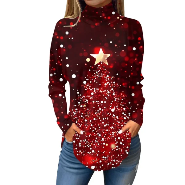 Women's Casual Christmas High Neck Pullover Long Sleeve Fashion Printed T-Shirt - Image 14