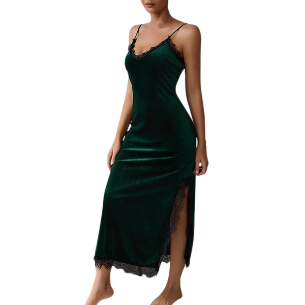 Ladies' Sexy Deep V-velvet Lace Long Suspender Home Nightgown - Image 4