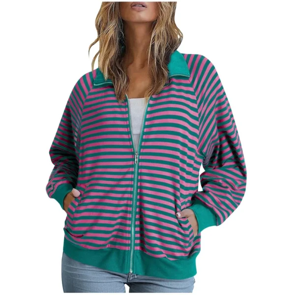 Women's Loose Casual Striped Lapel Cardigan Pocket Long Sleeved Jacket✔ - Image 16