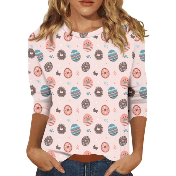 Women's Tops 3/4 Sleeve Casual Fashion Plus Size Basic Easter Printed Pullover - Image 14