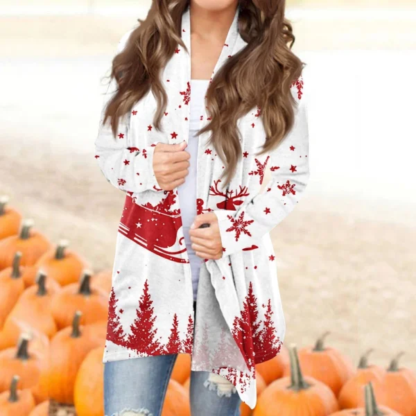 Women's Fashion Christmas Printed Jacket Cardigan Casual Medium Length Coat - Image 31