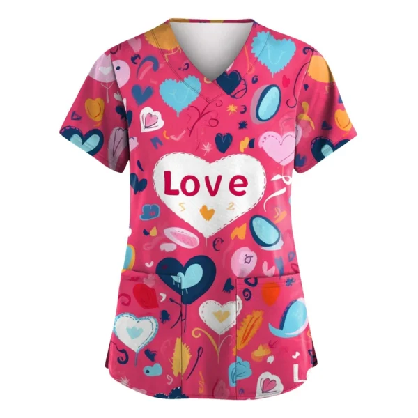 Women's Valentine's Day Printed  Uniform Work Uniform V-Neck Pocket Protective - Image 26