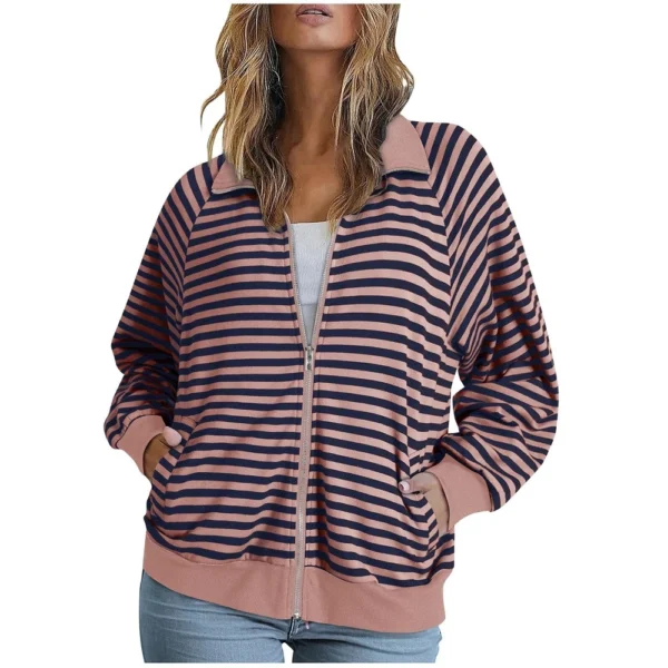 Women's Loose Casual Striped Lapel Cardigan Pocket Long Sleeved Jacket fall - Image 13
