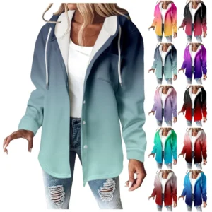 Fleece Hoodies For Women Warm Print Sweatshirt Button Lined Drawstring Hooded