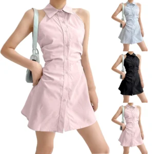 Women's Dresses Lapel Single-breasted Sleeveless Pleated Waist Casual