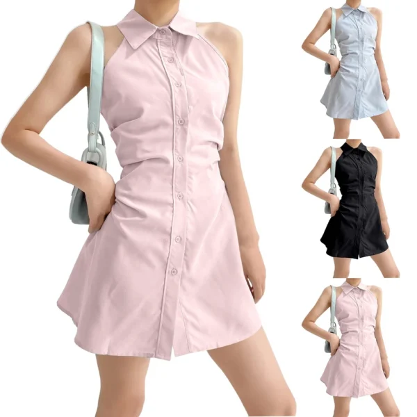 Women's Dresses Lapel Single-breasted Sleeveless Pleated Waist Casual