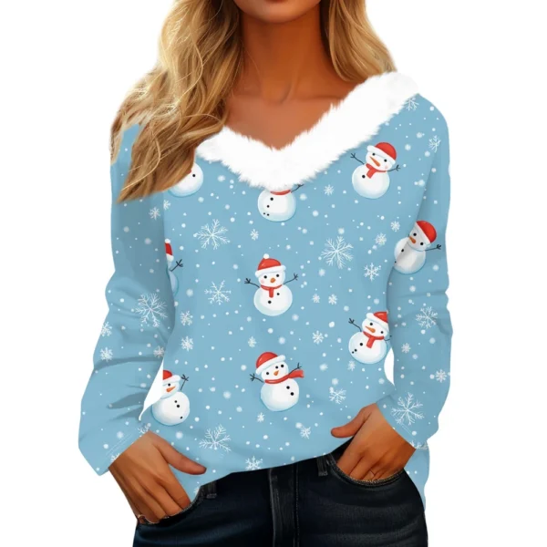 Women's Christmas Shirt Fleece Collar T Shirt Party V Neck Long Sleeve Top - Image 8