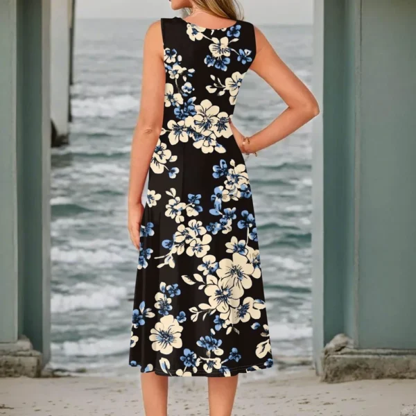 Women's Casual Fashion Floral Print Round Neck Sleeveless Solid Color Midi Dress - Image 12
