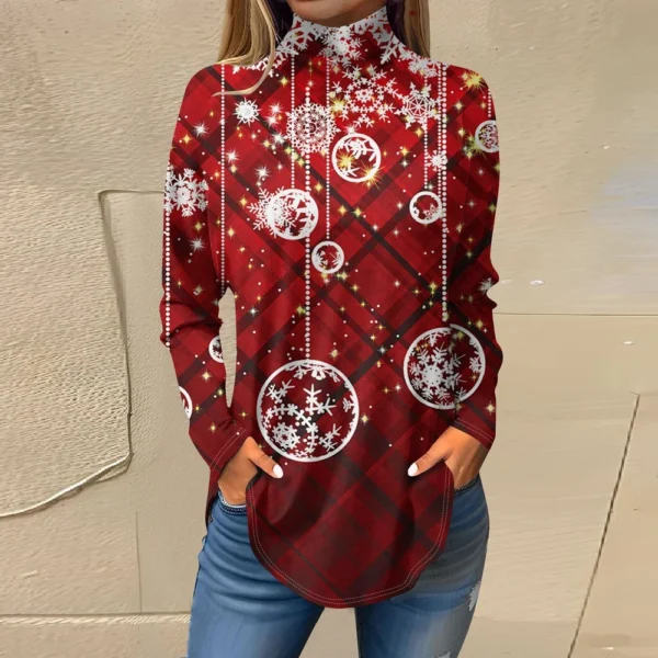 Women's Casual Christmas High Neck Pullover Long Sleeve Printed Fashion T-Shirt - Image 40