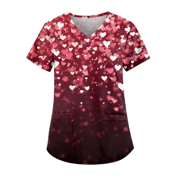 Women's Cute Printed Work Clothes V-neck Double Layer Pockets Basic Short - Image 4