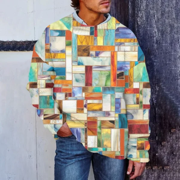 Men'S Printed Synthetic Sweater Round Neck Sportswear Loose Long Sleeved Top - Image 25