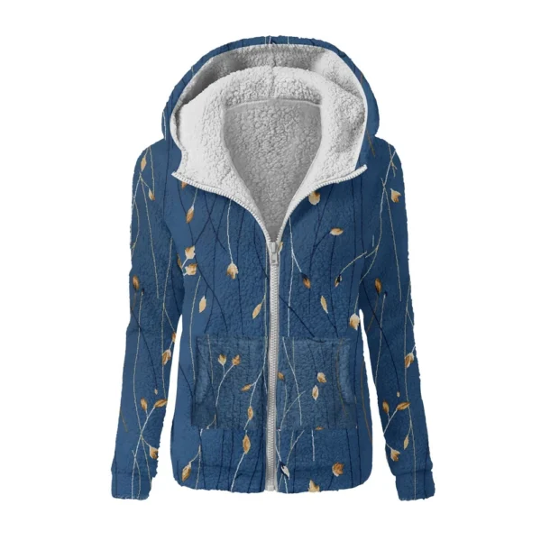Women's Fashion Retro Floral Print Hooded Plush Casual Top Zipper Jacket - Image 5