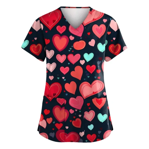 Women's Valentine's Day Printed  Uniform Work Uniform V-Neck Pocket Protective - Image 34