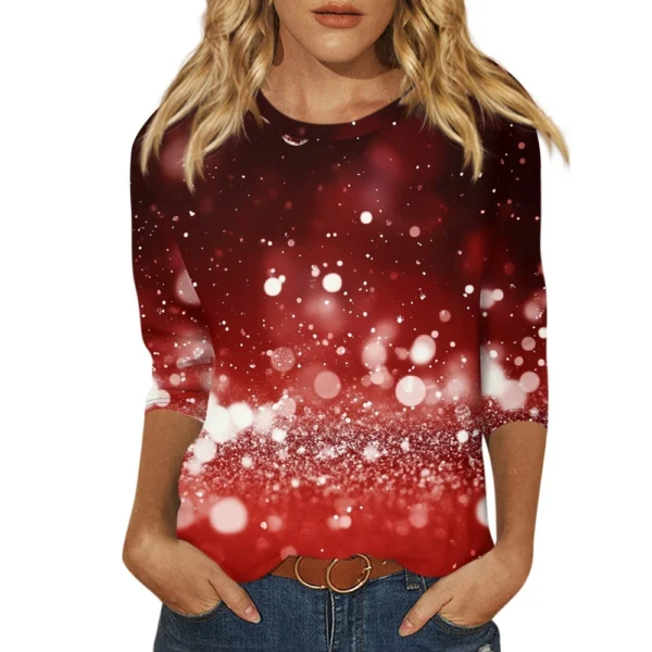 Ladies Loose Casual Round Neck T-Shirt Printed 3/4 Sleeve Christmas Women's Top - Image 44