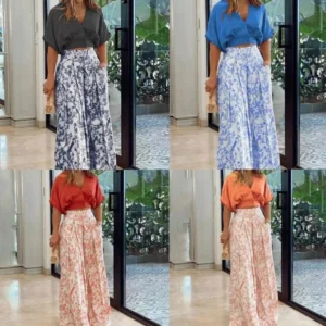 Short Top V-Neck Fashion Printed Wide Leg Pants