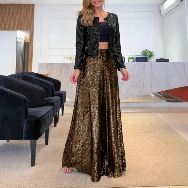 Women's Fashion Casual High Waist Thin Trousers Solid Colour Sequin Wide Leg - Image 9